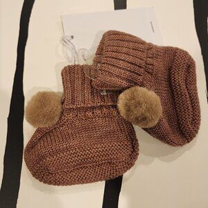 Nobodinoz Baby Knit Booties w/ Pom Poms - Brown, 6-12M, New